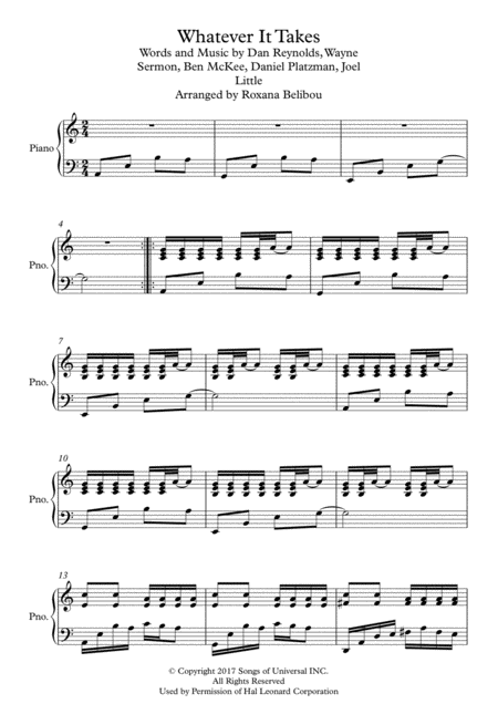 Whatever It Takes By Imagine Dragons Piano Sheet Music