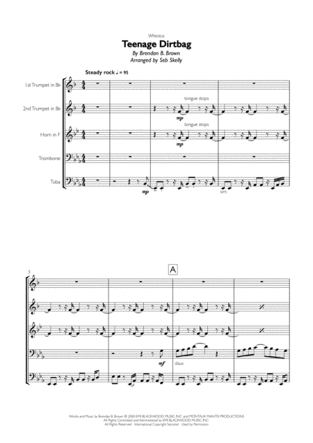 Wheatus Teenage Dirtbag For Brass Quintet Sheet Music