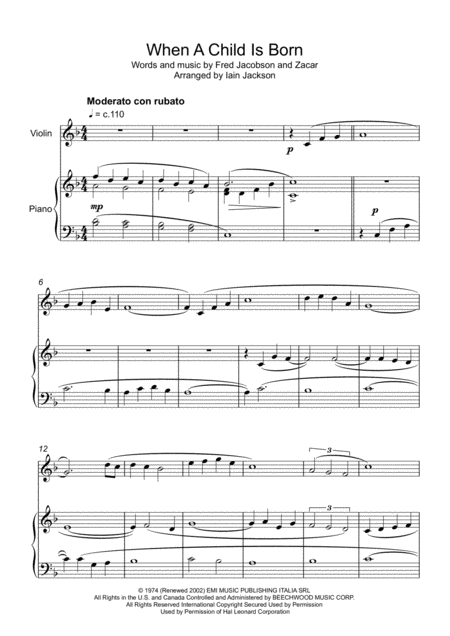 When A Child Is Born Violin Piano Sheet Music