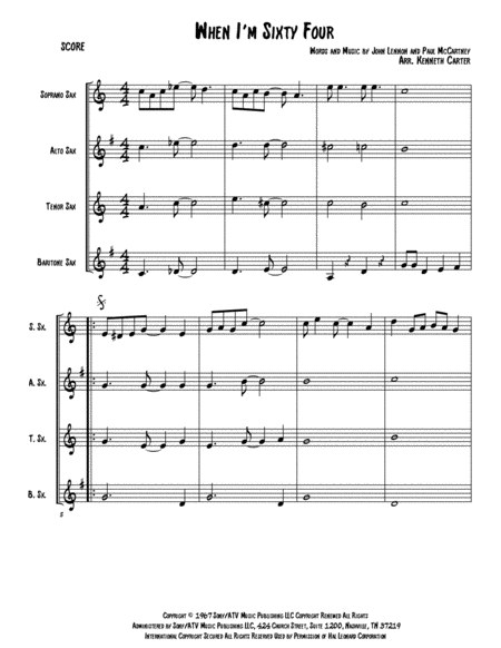 When I M Sixty Four Satb Saxophone Quartet Sheet Music