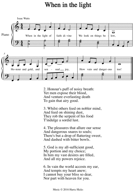 When In The Light A New Tune To A Wonderful Isaac Watts Hymn Sheet Music