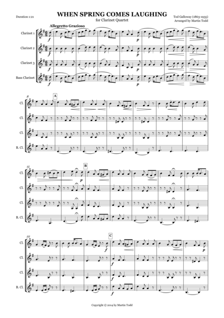 Free Sheet Music When Spring Comes Calling For Clarinet Quartet