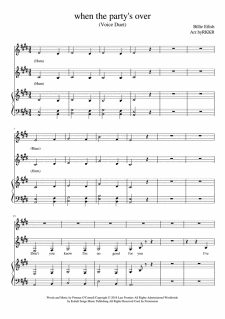 When The Partys Over Voice Duet Original Key Sheet Music