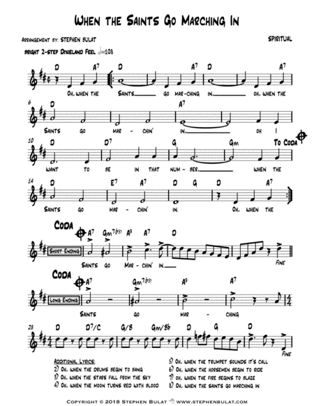 Free Sheet Music When The Saints Go Marching In Louis Armstrong Lead Sheet Key Of D