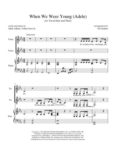 Free Sheet Music When We Were Young Vocal Duet