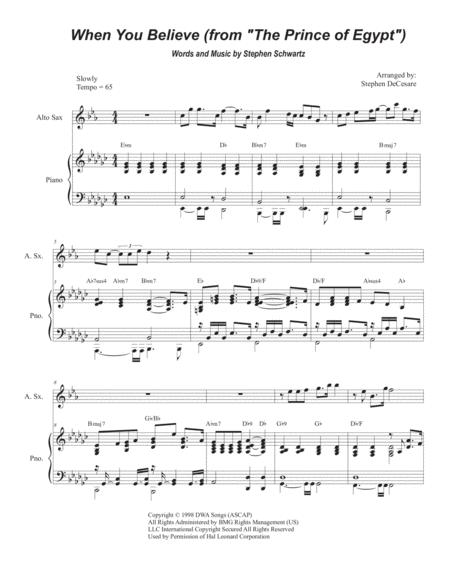 Free Sheet Music When You Believe For Alto Saxophone And Piano