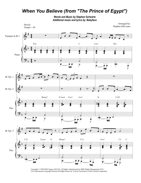 Free Sheet Music When You Believe From The Prince Of Egypt Bb Trumpet Duet