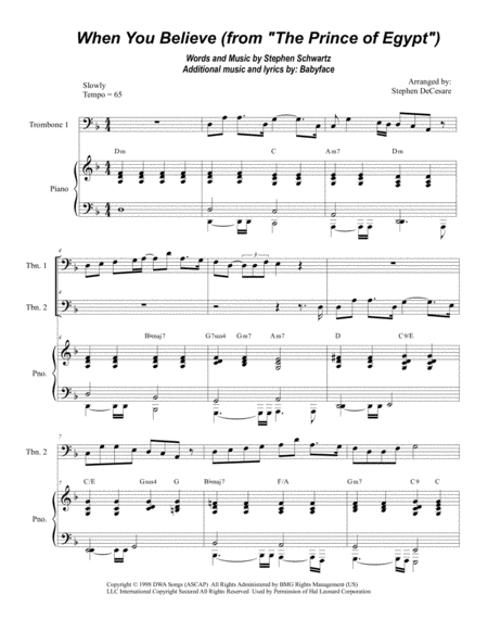 Free Sheet Music When You Believe From The Prince Of Egypt Trombone Duet