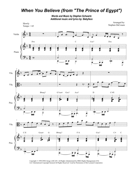 When You Believe From The Prince Of Egypt Violin And Viola Duet Sheet Music