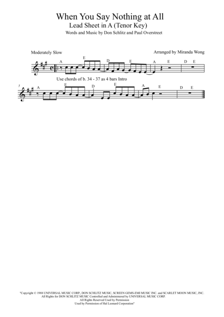 Free Sheet Music When You Say Nothing At All Lead Sheet In A Key Saxophone Solo