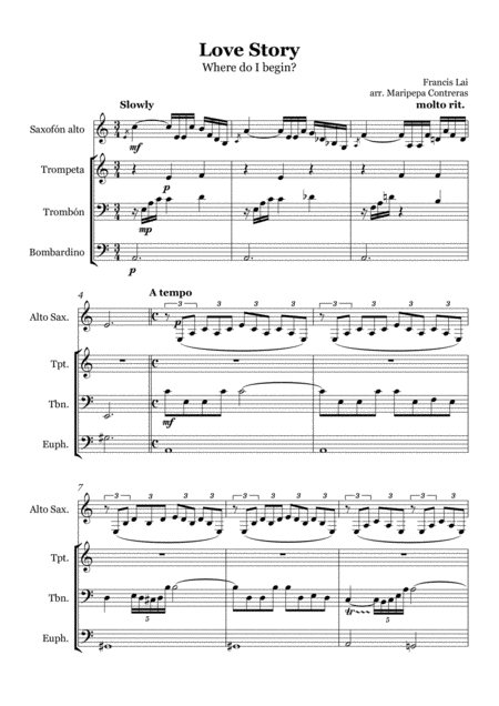 Free Sheet Music Where Do I Begin Love Story Alto Saxophone Trumpet Trombone And Euphonium