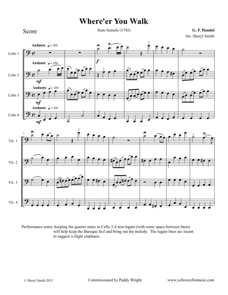 Where Er You Walk From Semele For Four Cellos Intermediate Cello Quartet Sheet Music