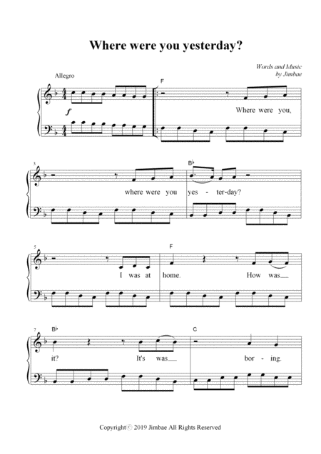 Free Sheet Music Where Were You Yesterday Nursery Rhymes For Easy Piano