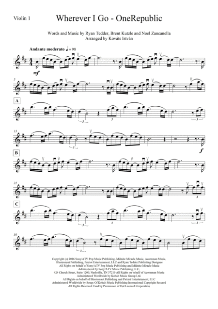 Wherever I Go For String Quartet Sheet Music