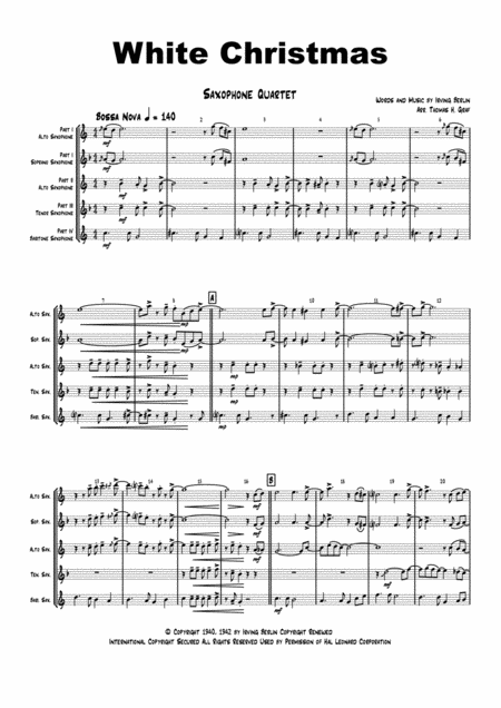 White Christmas Bossa Nova Saxophone Quartet Sheet Music