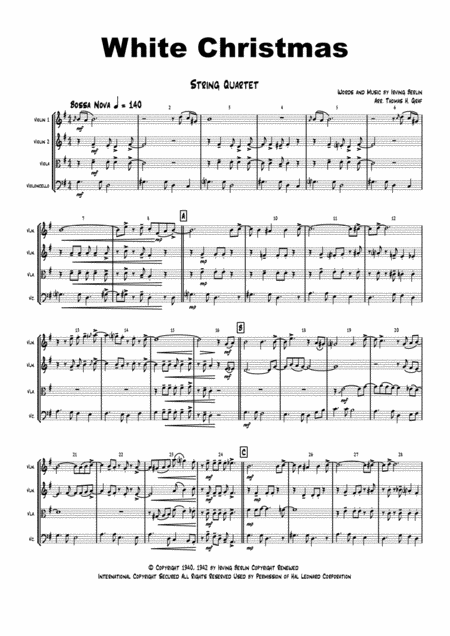 White Christmas Bossa Nova String Quartet Sheet Music