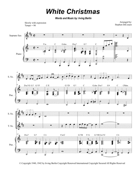 Free Sheet Music White Christmas Duet For Soprano And Tenor Saxophone
