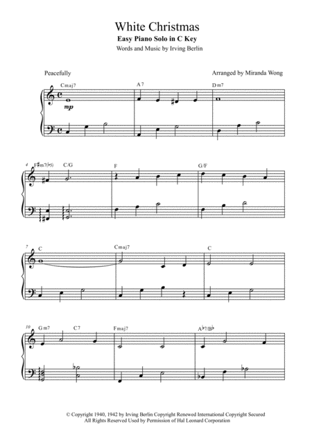 White Christmas Easy Piano Solo In C Key With Chords Sheet Music