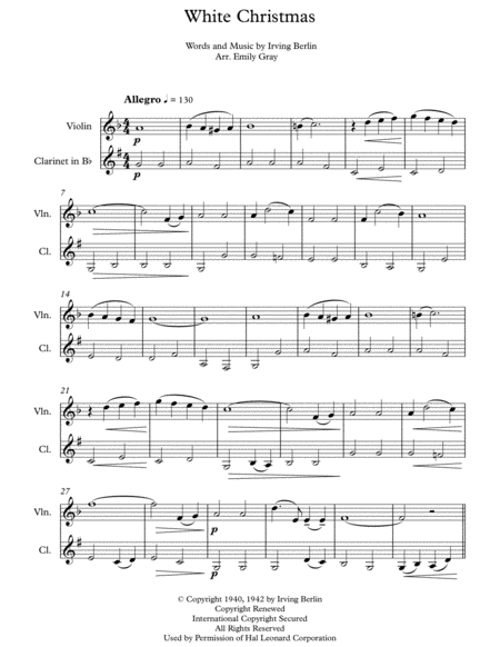 Free Sheet Music White Christmas Violin And Clarinet