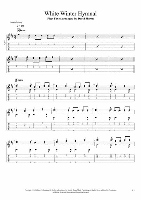 White Winter Hymnal Fleet Foxes For Solo Fingerstyle Guitar Sheet Music