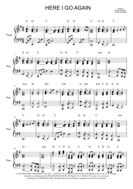 Free Sheet Music Whitesnake Here I Go Again Piano Sheet