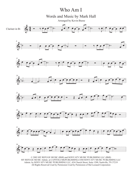 Free Sheet Music Who Am I Easy Key Of C Clarinet