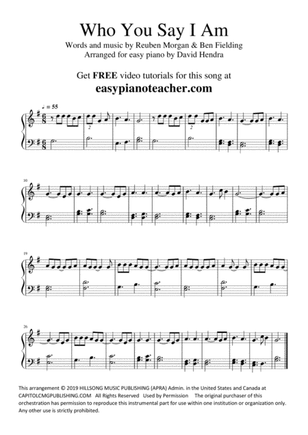 Who You Say I Am Hillsong Worship Very Easy Piano Sheet Music