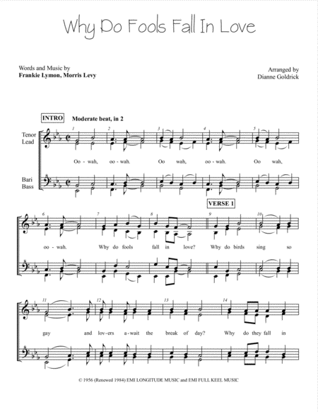 Why Do Fools Fall In Love Womens Barbershop Quartet Pricing Sheet Music