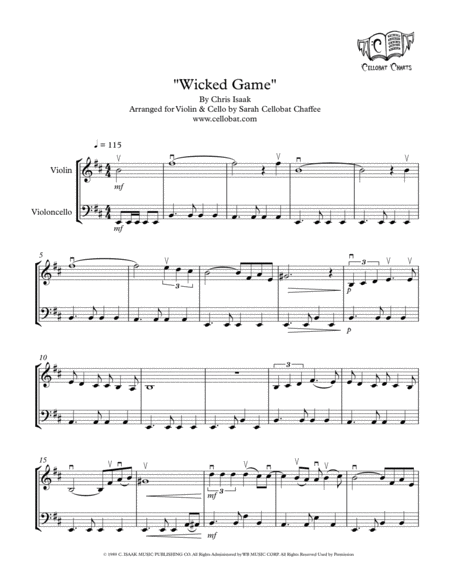 Wicked Game Violin Cello Duet Chris Isaak Arr Cellobat Sheet Music