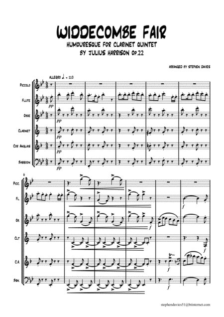 Widdicombe Fair By Julius Harrison For Woodwind Sextet Sheet Music