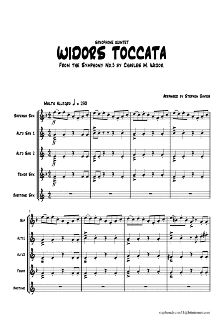 Widors Toccata From Symphony No 5 By Charles M Widor For Saxophone Quintet Sheet Music