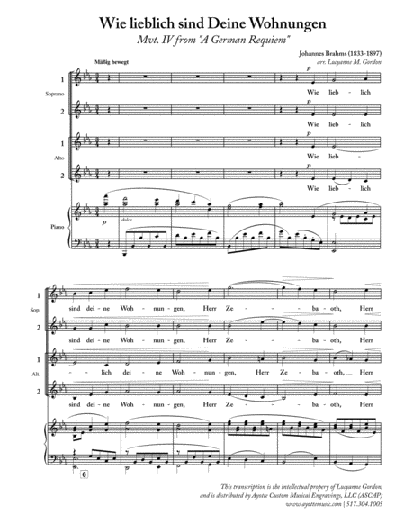 Free Sheet Music Wie Lieblich Sind Deine Wohnungen From A German Requiem For Womens Chorus