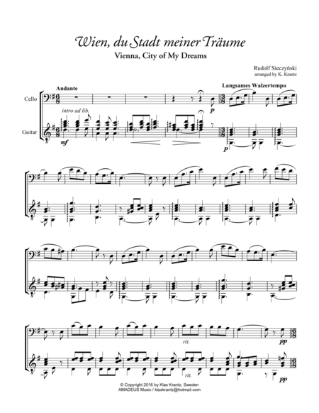 Wien Du Stadt Meiner Trume For Cello And Guitar Sheet Music