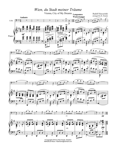 Wien Du Stadt Meiner Trume For Cello And Piano Sheet Music