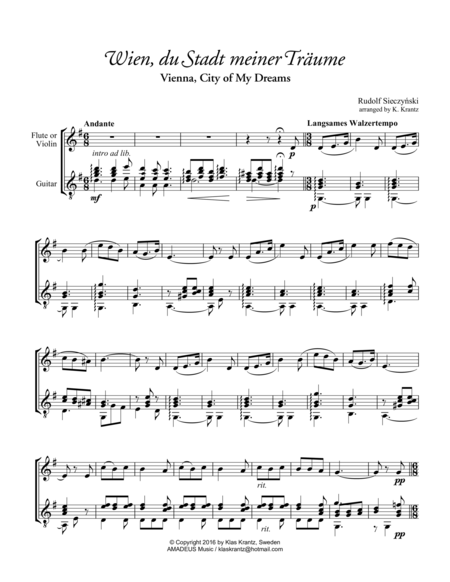 Wien Du Stadt Meiner Trume For Violin Or Flutet And Guitar Sheet Music