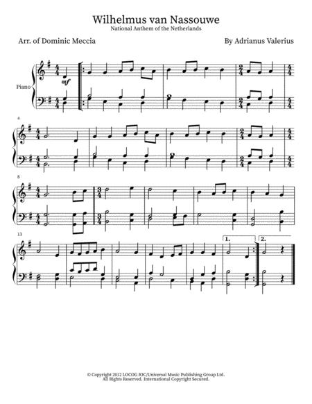 Free Sheet Music Wilhelmus Van Nassouwe National Anthem Of The Netherlands Piano