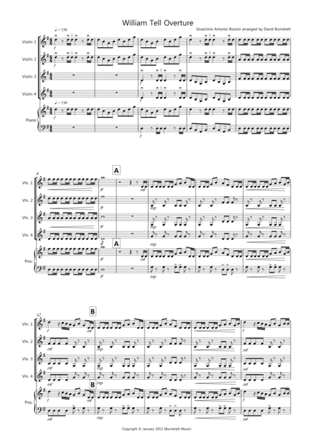 William Tell Overture For Violin Quartet Sheet Music