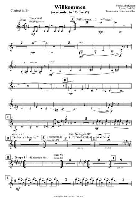 Willkommen From Cabaret Transcription Of The Original Clarinet Part Sheet Music