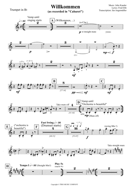 Willkommen From Cabaret Transcription Of The Original Trumpet Part Sheet Music