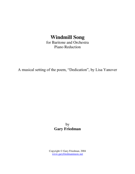 Windmill Song For Baritone And Piano Reduction Of Orchestra Sheet Music