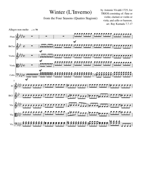 Winter From Vivaldis 4 Seasons For String Woodwind Or Mixed Trio Sheet Music