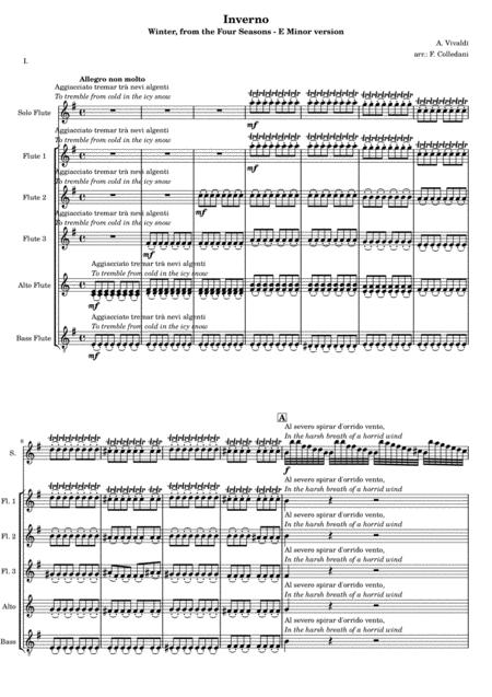 Winter Inverno From The Vivaldi World Famous Four Seasons 1st Movement For Flute Sextet Or Flute Choir E Minor Version Sheet Music