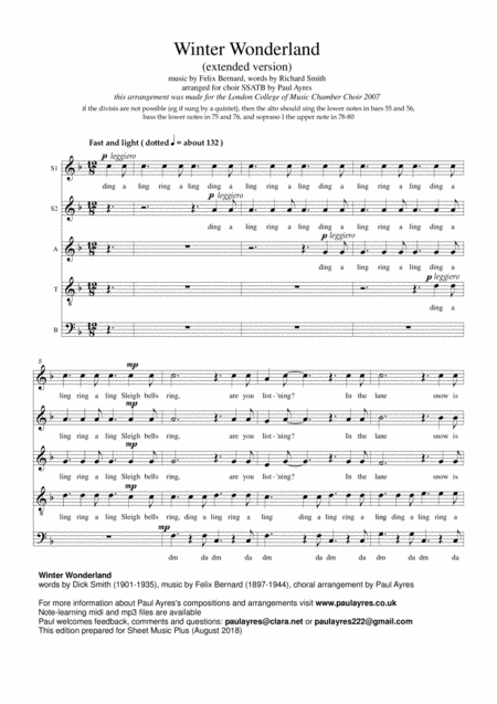 Free Sheet Music Winter Wonderland Arr Ssatb Extended Version