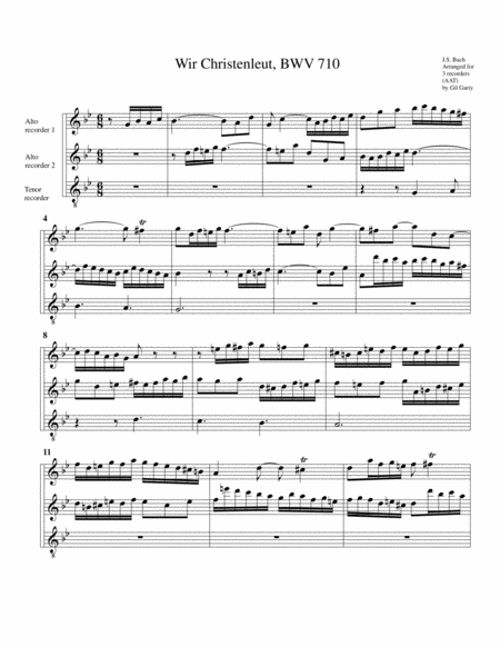 Free Sheet Music Wir Christenleut Bwv 710 For Organ From Kirnberger Chorales Arrangement For 3 Recorders