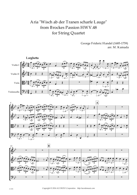 Wisch Ab Der Tranen Scharfe Lauge From Brockes Passion Hwv 48 For String Quartet Sheet Music