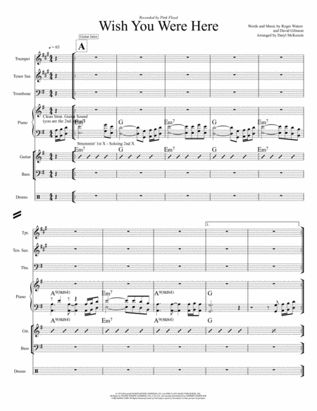 Free Sheet Music Wish You Were Here Vocal With Band 3 Horns Key Of G