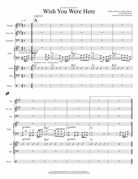 Wish You Were Here Vocal With Band 3 Horns Key Of G Sheet Music