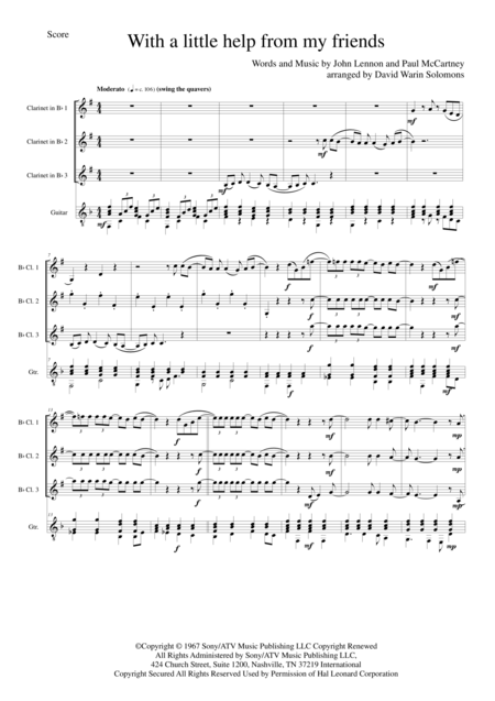 Free Sheet Music With A Little Help From My Friends For Clarinet Trio And Guitar