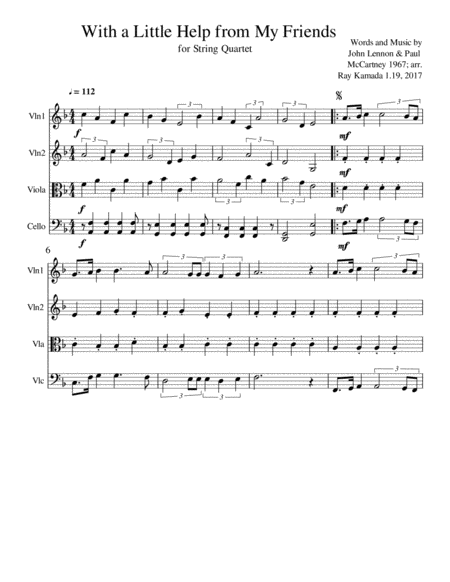 Free Sheet Music With A Little Help From My Friends For String Quartet