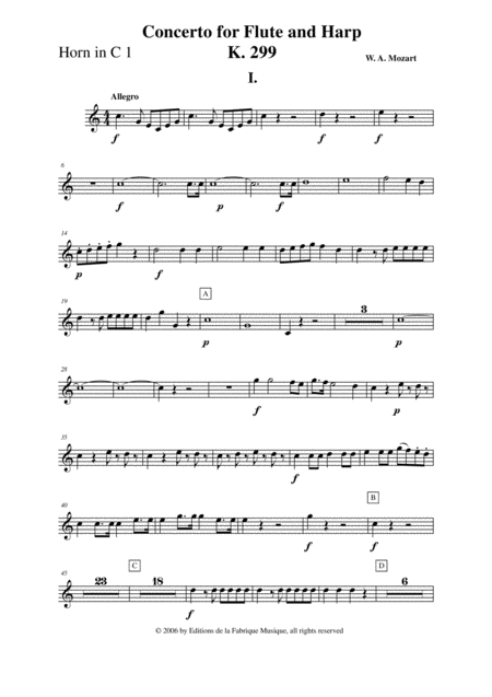 Free Sheet Music Wolfgang Amadeus Mozart Concerto For Flute And Harp K 299 Horn In C 1 Part